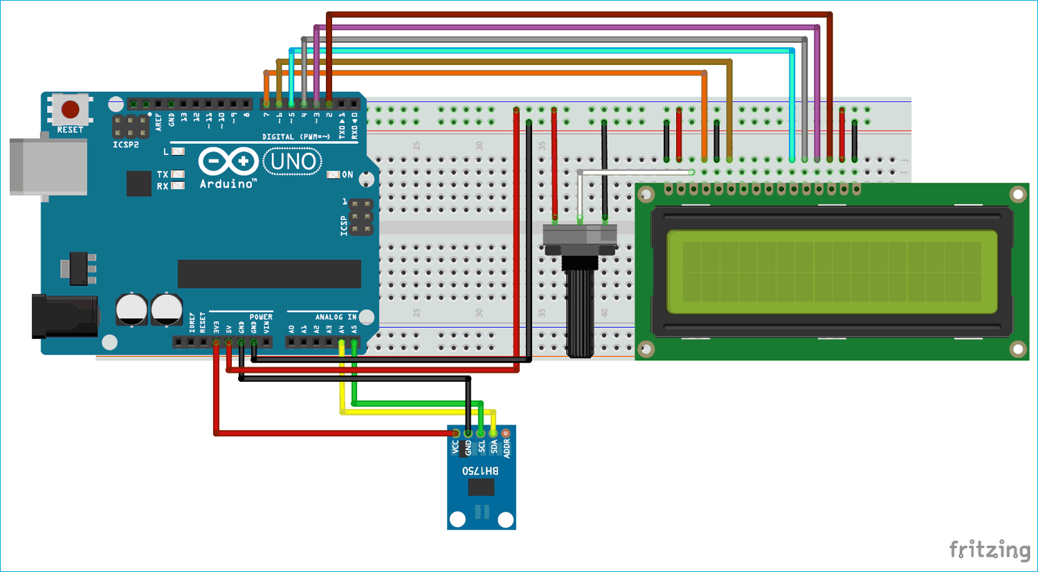 Circuit Diagram for Interfacing BH1750 Ambient Light Sensor with Arduino