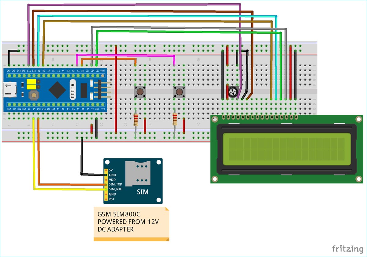 Circuit Diagram for Interfacing SIM800C GSM Module with STM32F103C8