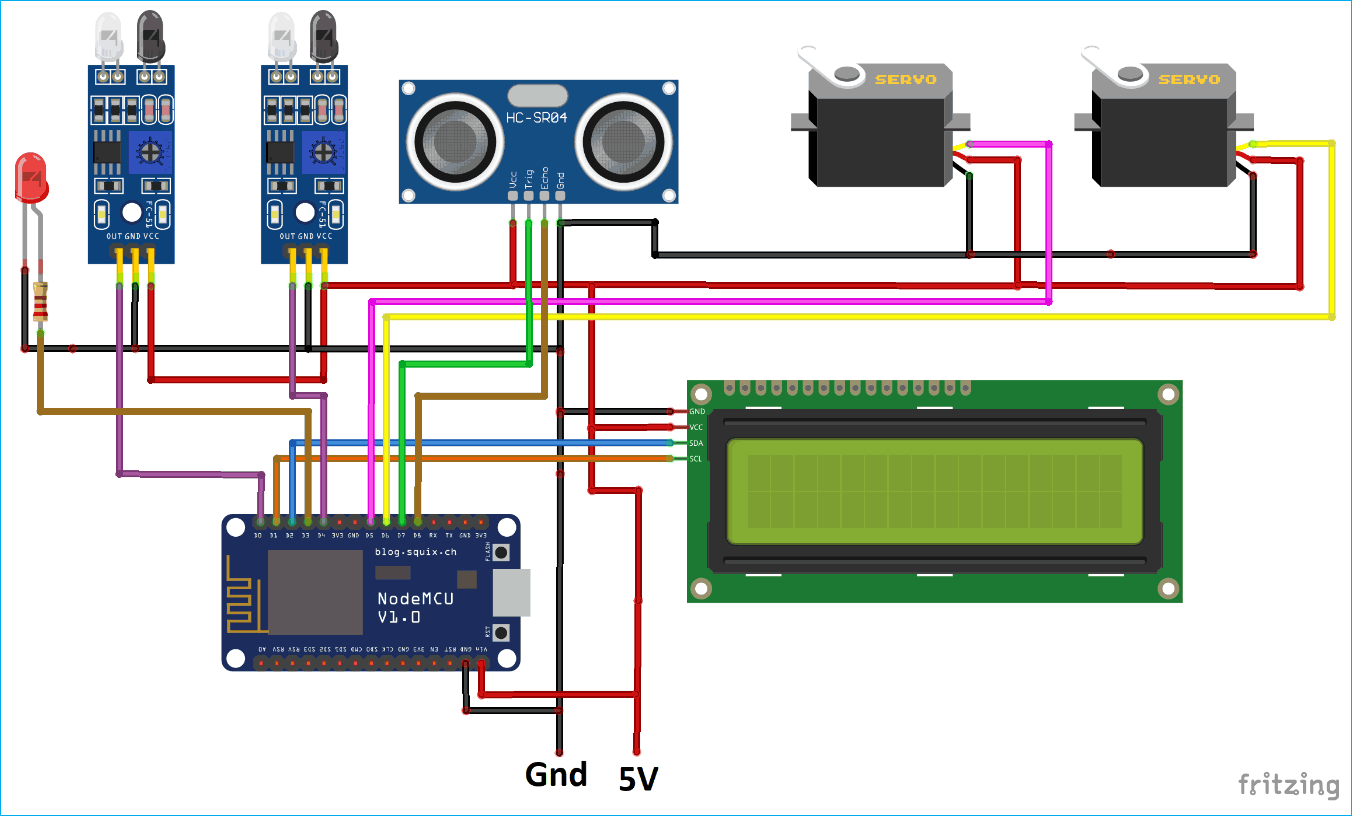 Circuit Diagram for IoT based Smart Parking System using ESP8266 NodeMCU