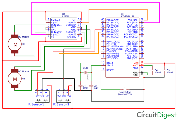 Circuit Diagram for Line Follower Robot Using AVR Microcontroller ATmega16