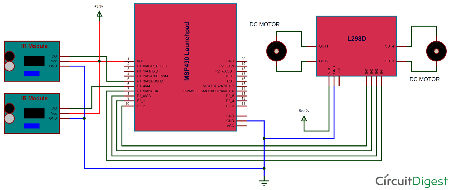 Circuit Diagram for Line Follower Robot Using MSP430 LaunchPad