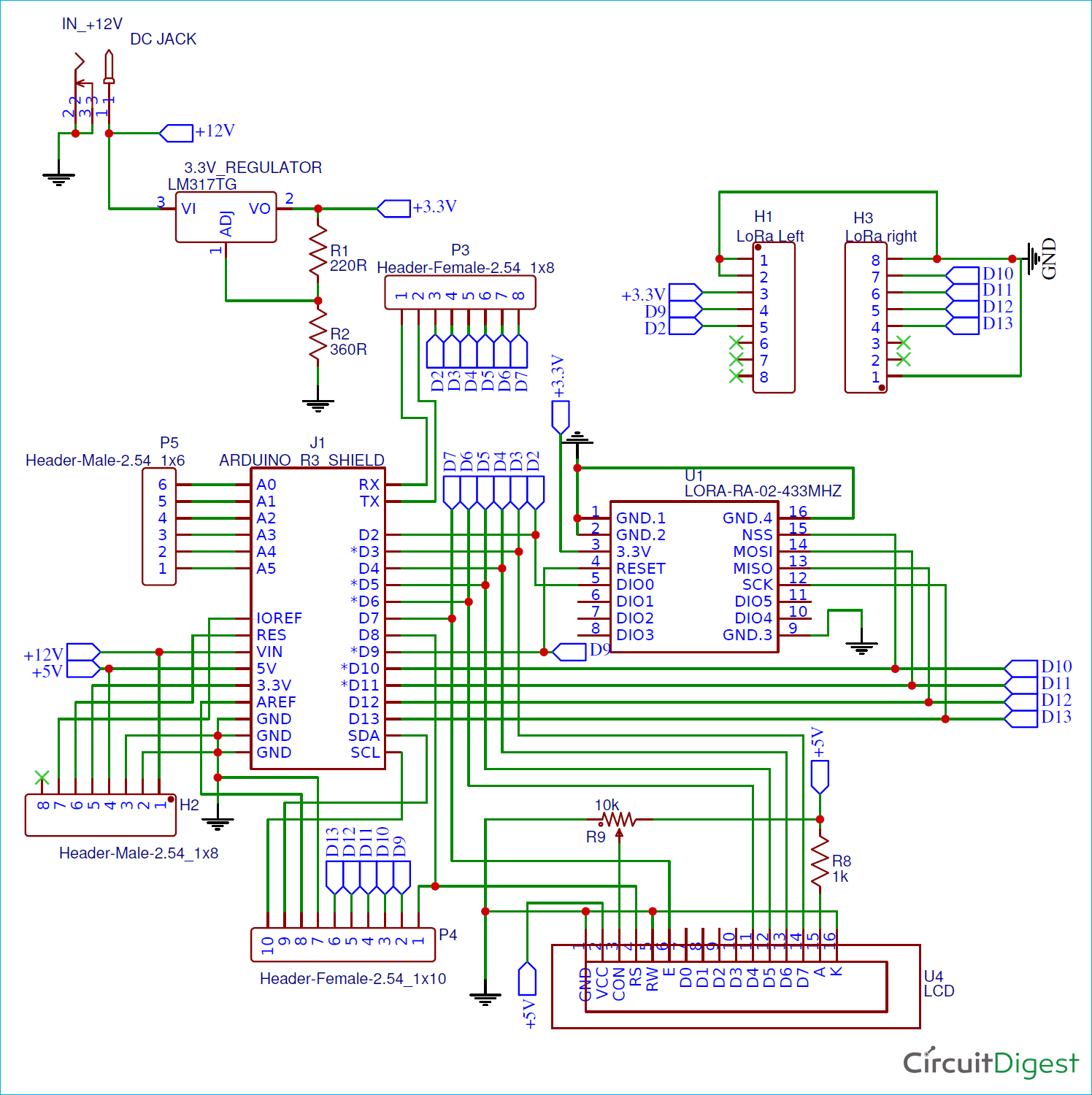 Circuit Diagram for Lora Based GPS Tracker using Arduino and LoRa Shield