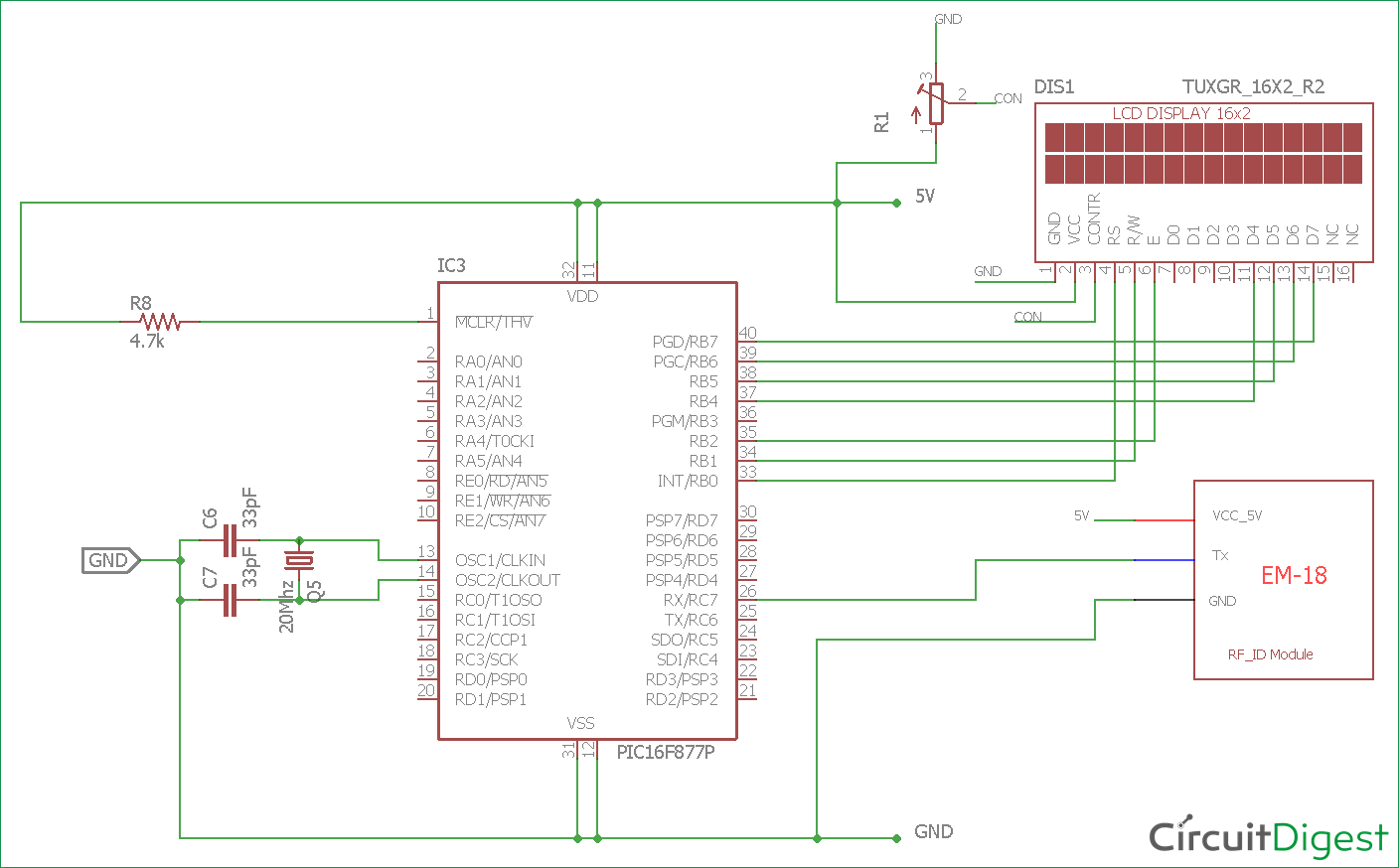 Circuit Diagram for RFID Interfacing with PIC Microcontroller