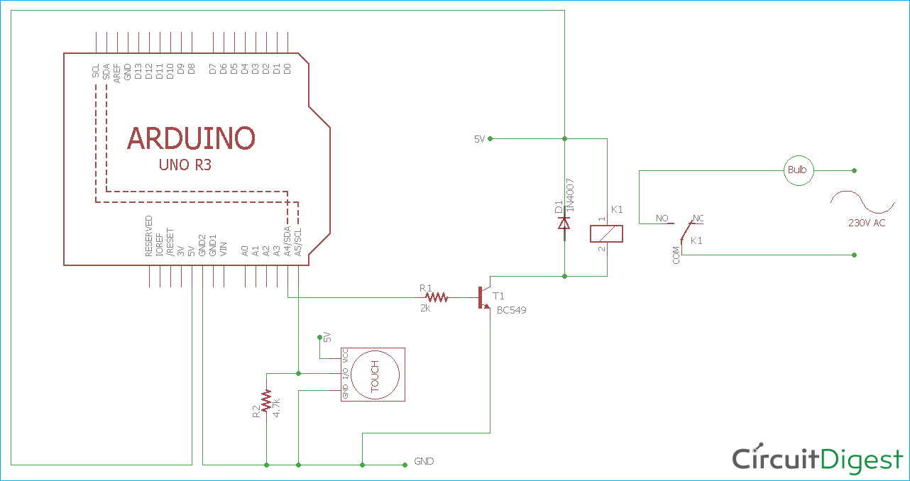 Arduino TTP223 Touch Sensor Circuit Diagram for Controlling Home Lights with Touch