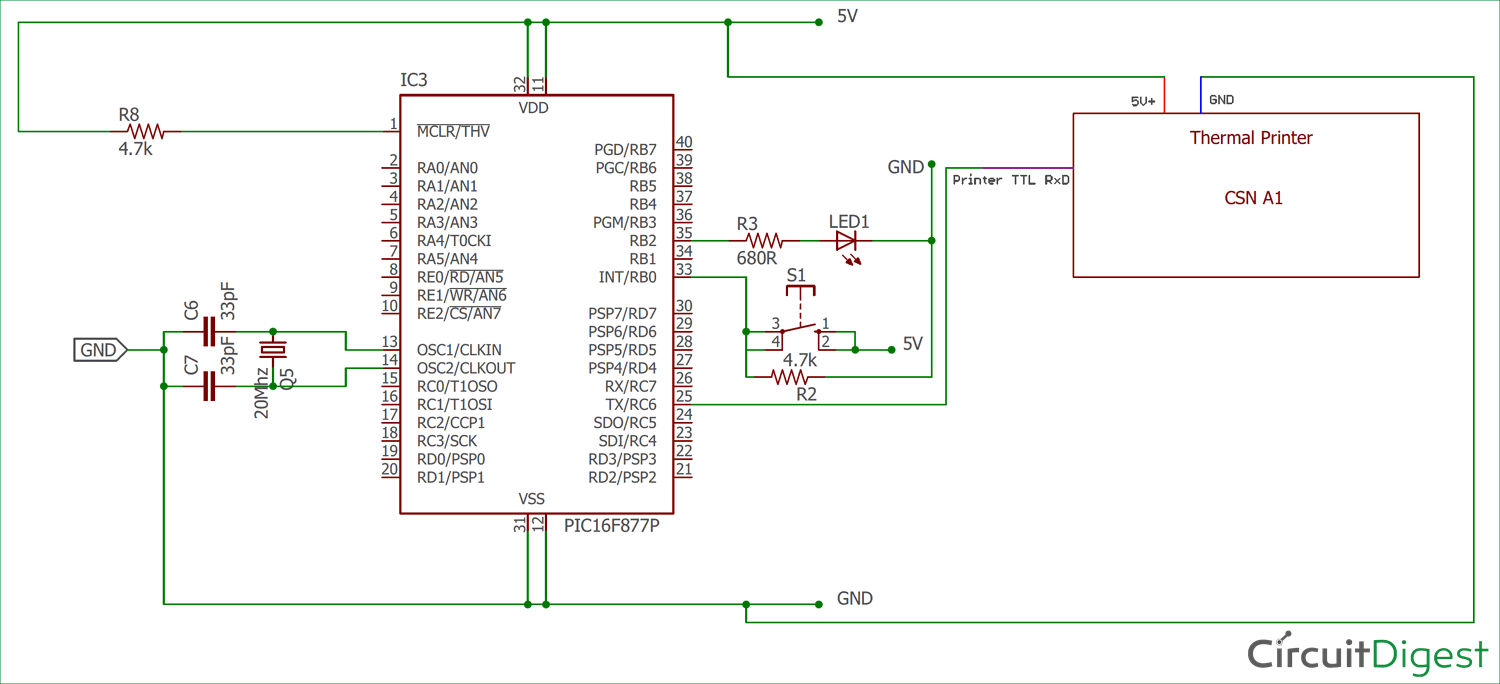 Circuit Diagram for Thermal Printer interfacing with PIC16F877A