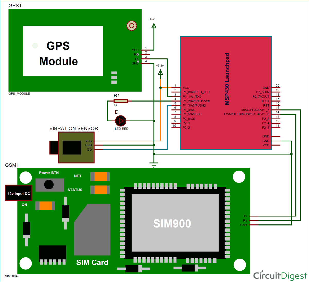 Circuit Diagram for Vehicle Tracking and Accident Alert  