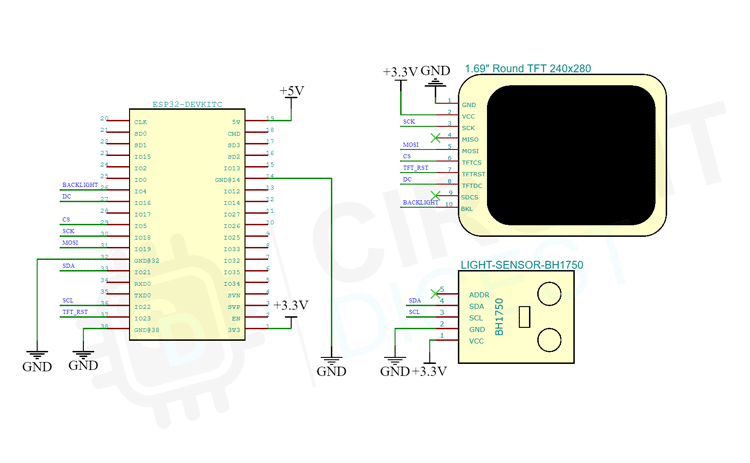 Circuit Diagram to Interface Ambient light sensor with ESP32
