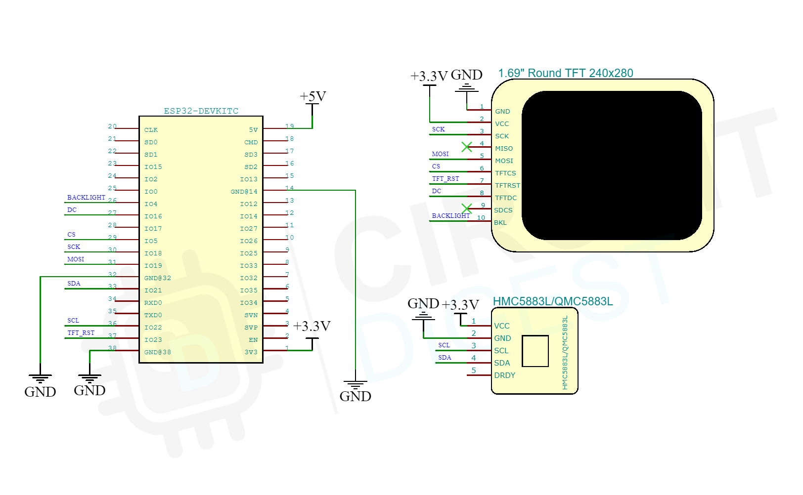 Circuit diagram for Interface Magnetic sensor with ESP32