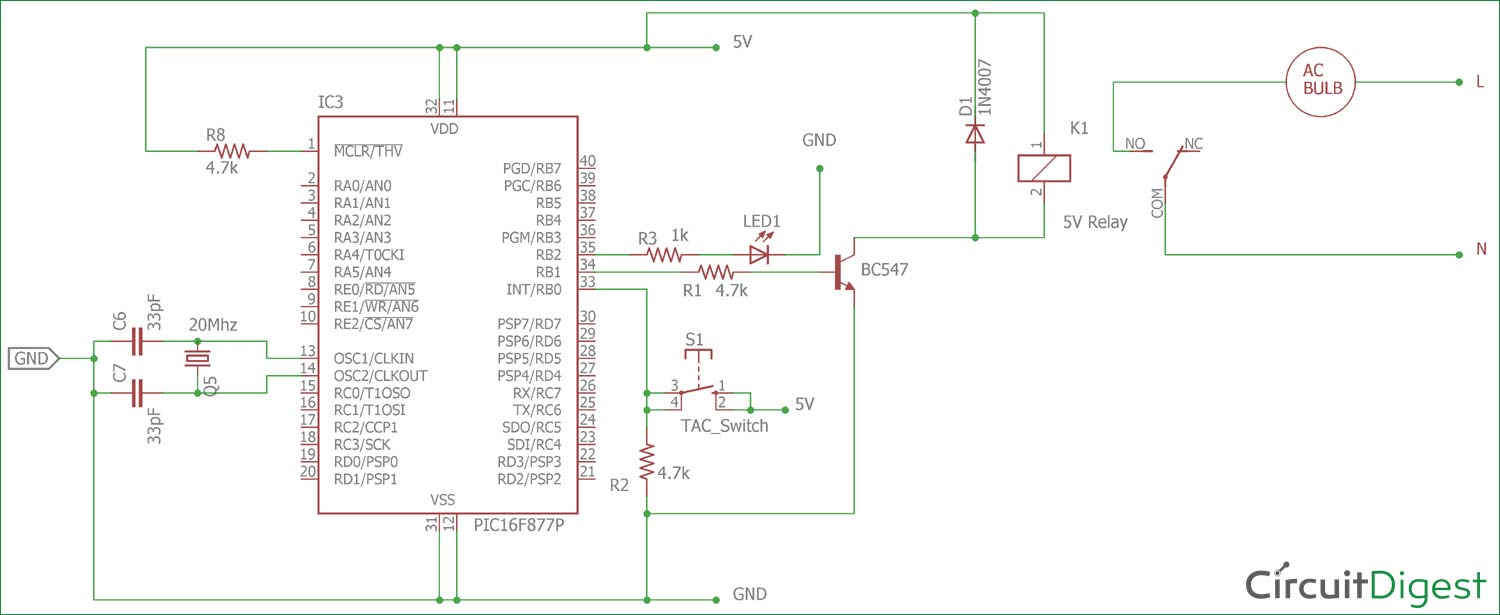 วงจรไดอะแกรมสำหรับรีเลย์อินเทอร์เฟซพร้อม PIC Micro-controller