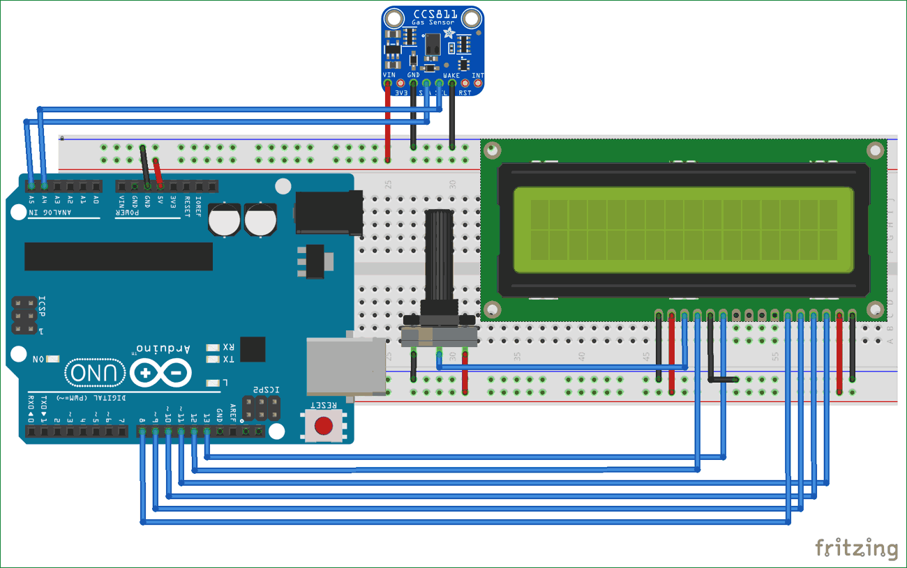 Circuit diagram for TVOC and CO2 Measurement using Arduino and CCS811 Air Quality Sensor