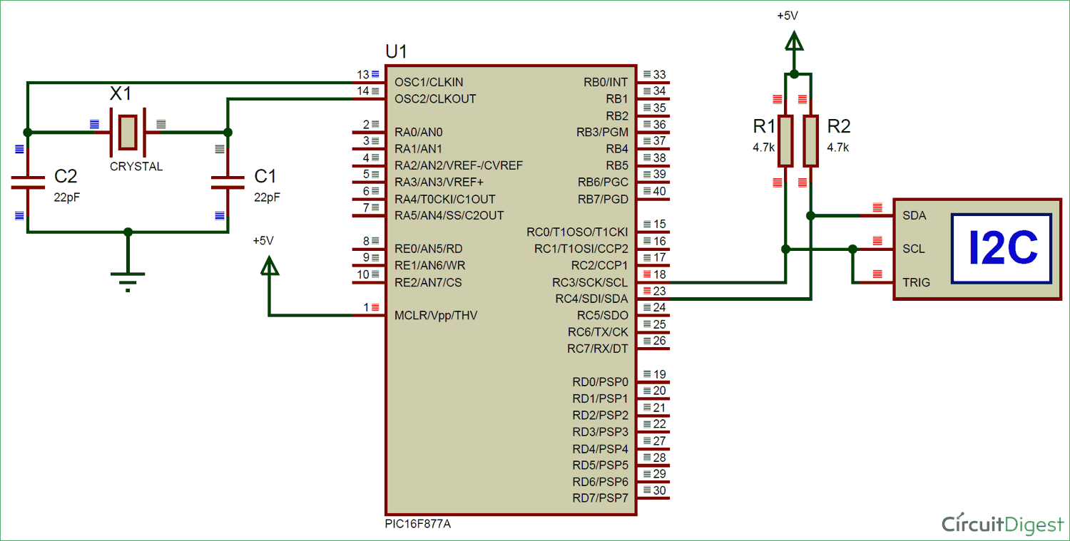 Circuit diagram of I2C Communication with PIC Microcontroller 