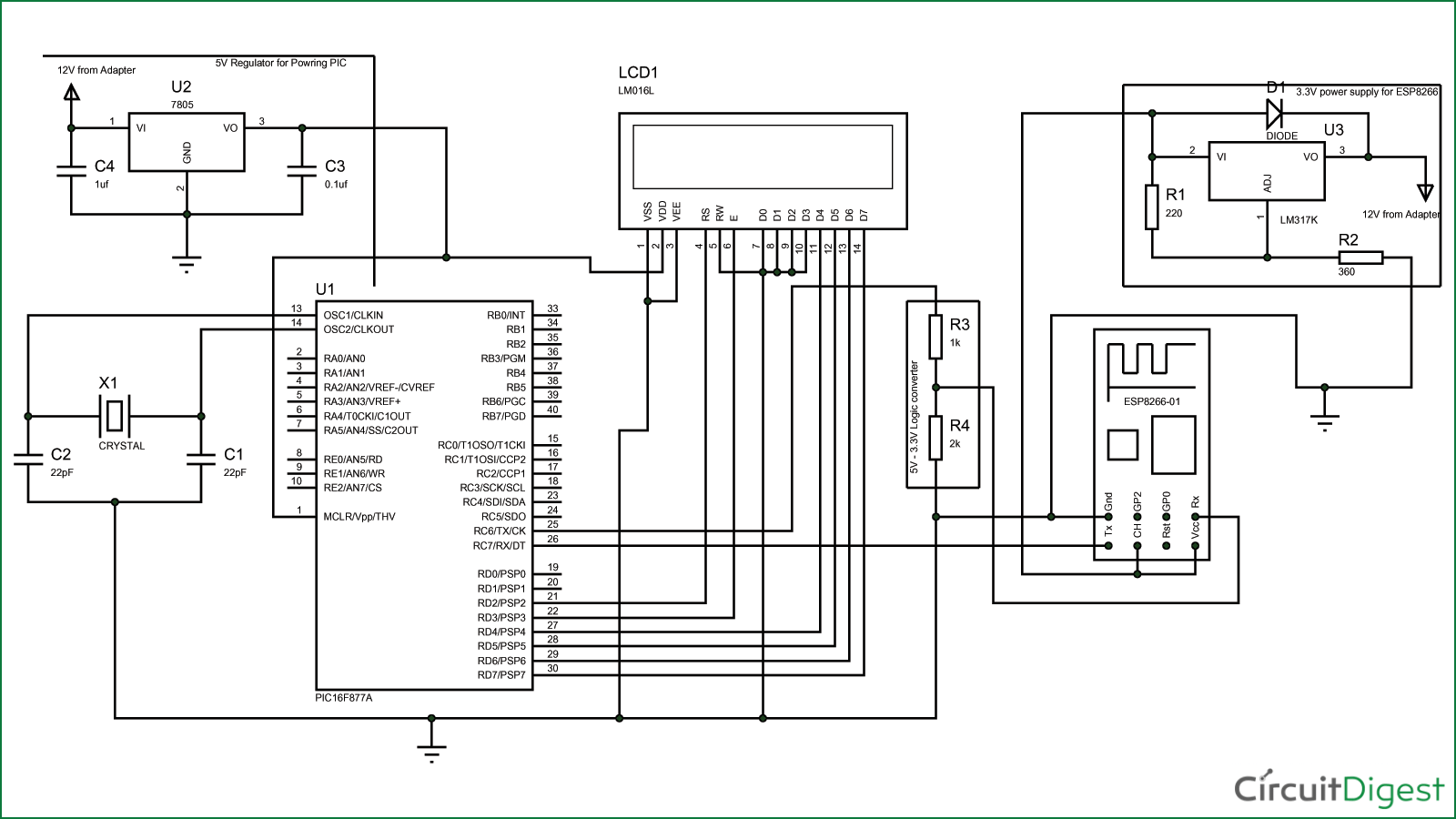 Circuit Diagram for Sending Email using PIC Microcontroller with ESP8266