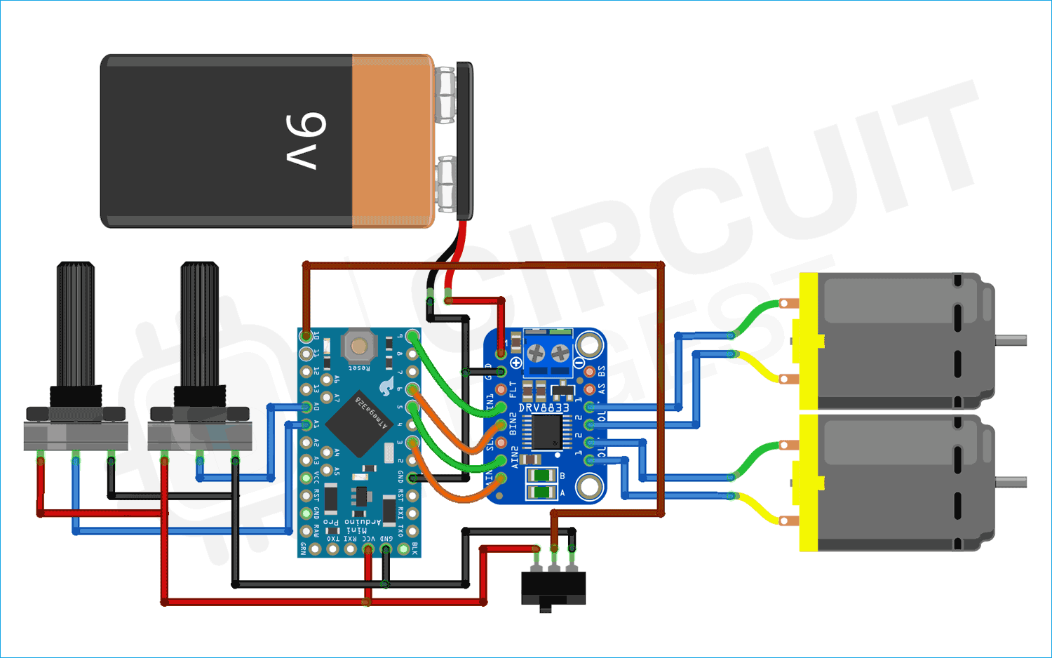 Circuit Diagram for DRV8833 Dual Motor Driver Module with Arduino