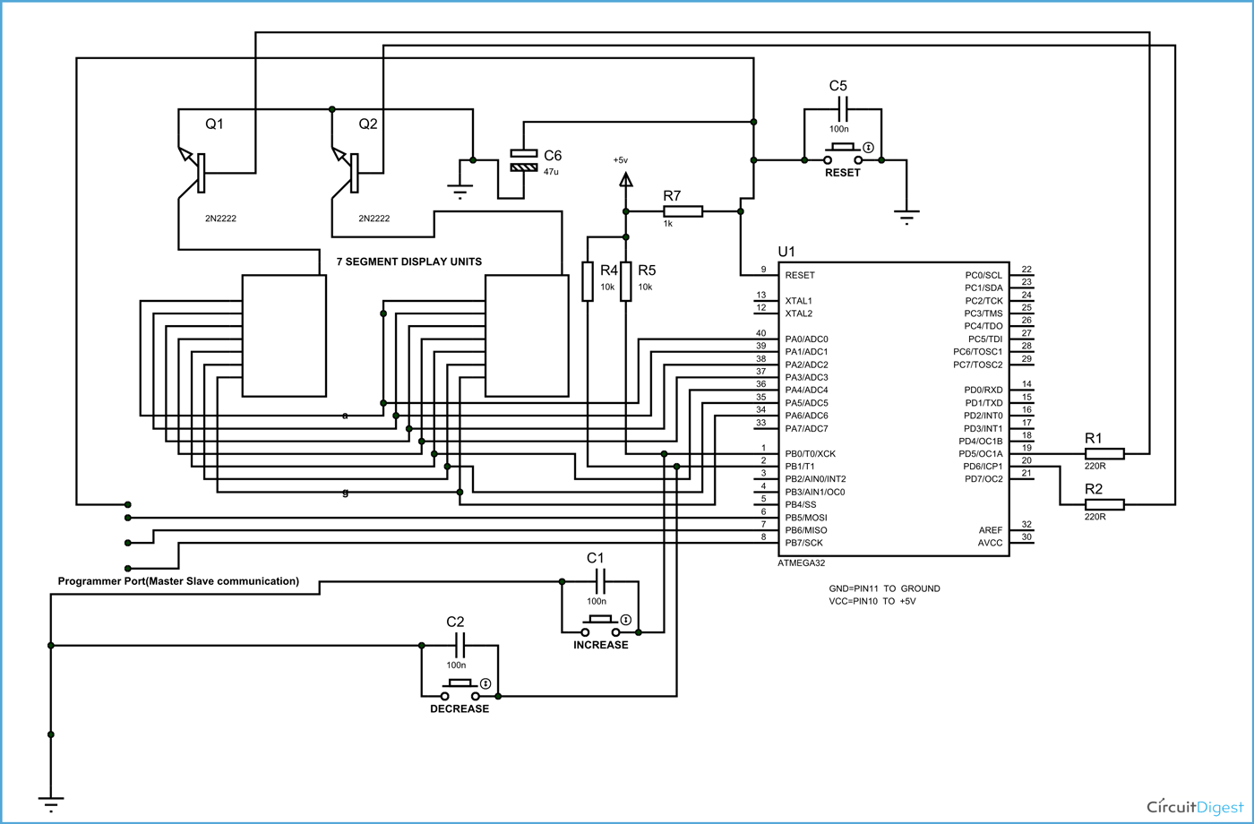Decimal Counter Circuit Diagram using AVR Microcontroller