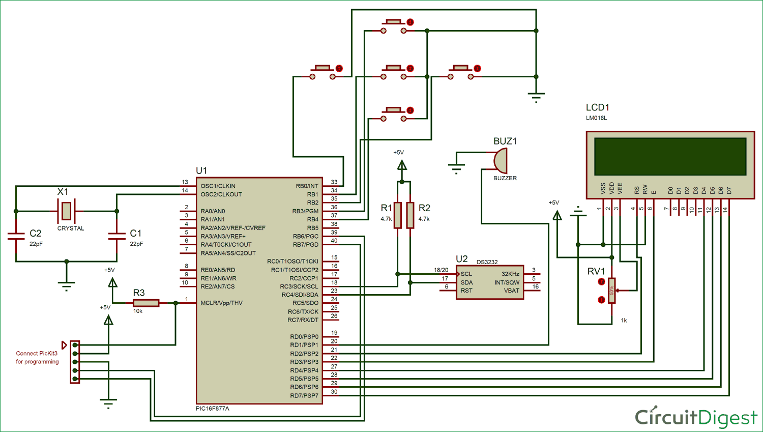 Digital Alarm Clock Circuit diagram using PIC Microcontroller