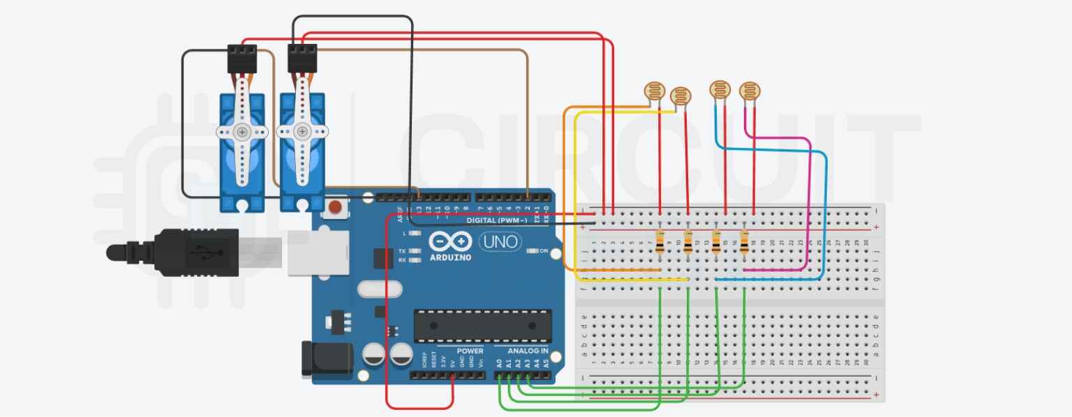 Complete circuit diagram showing dual axis solar tracker connections with Arduino, LDR sensors, and servo motors
