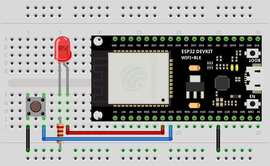 ESP32 Interrupt LED Blinking Example Circuit