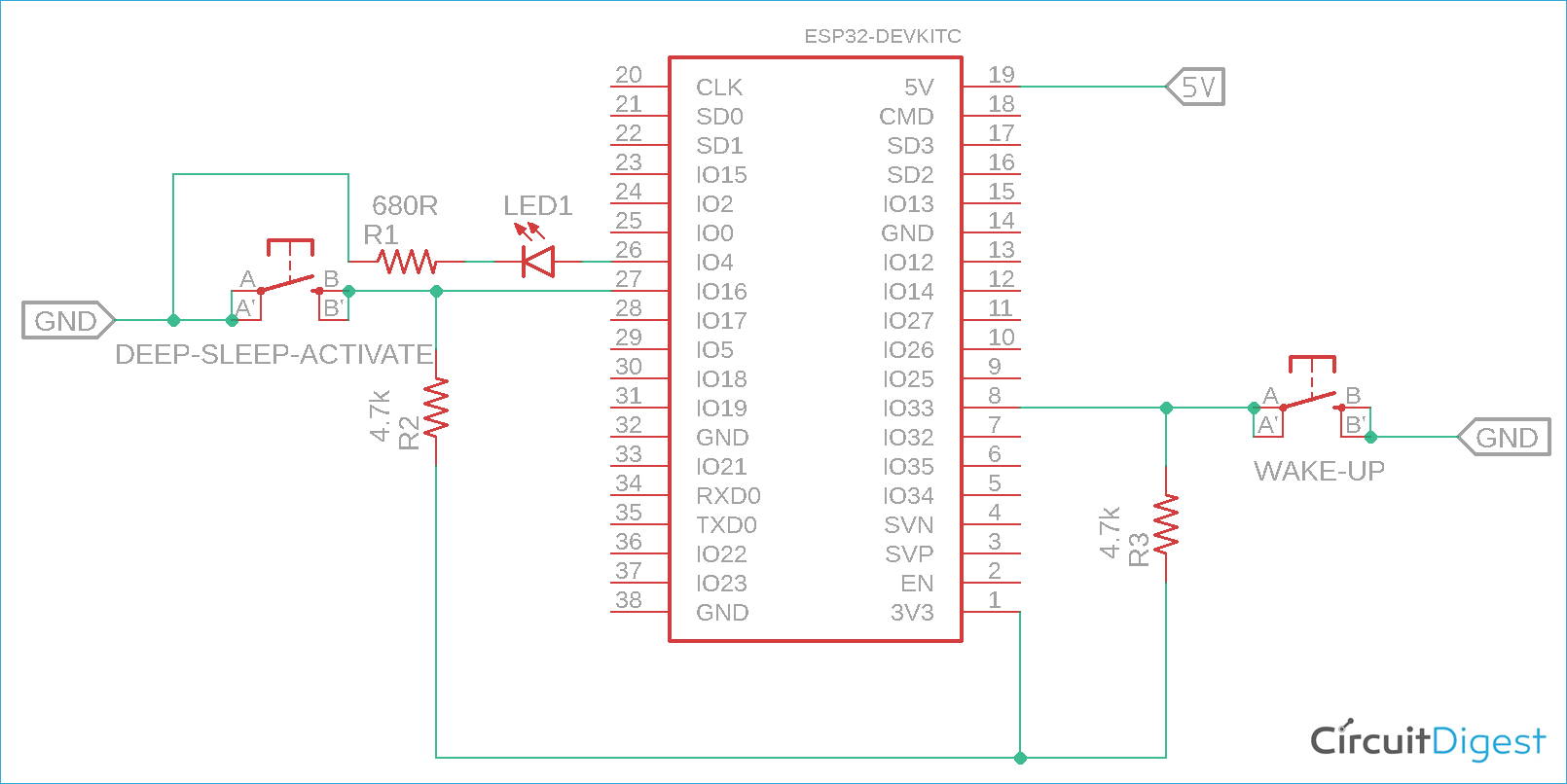 ESP32 Sleep Mode Circuit Diagram 
