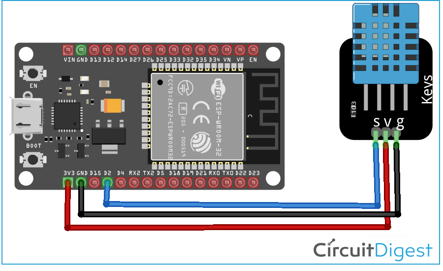 ESP32 Interfacing with DHT11 Circuit Diagram