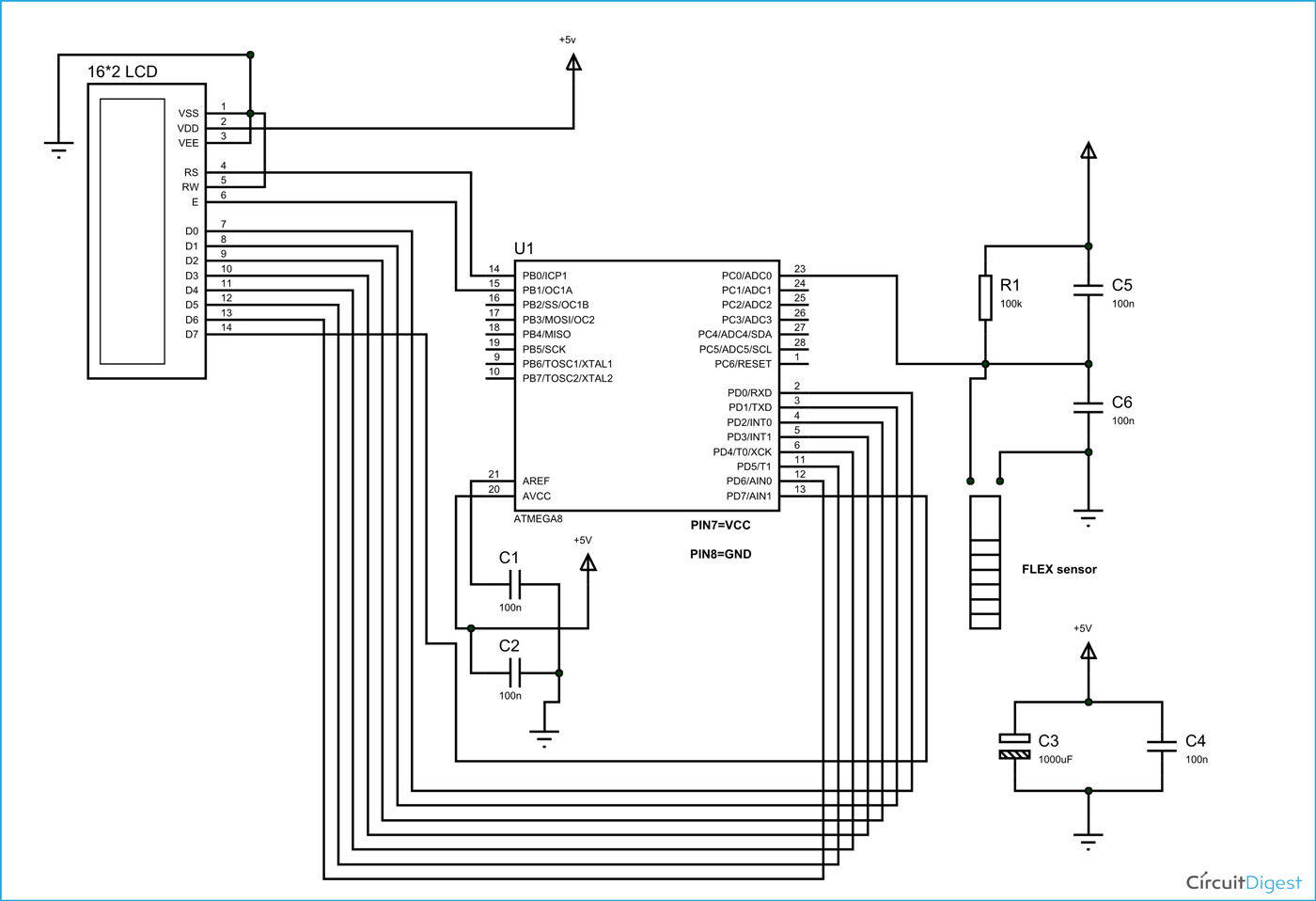 Circuit Diagram of Flex Sensor Interfacing with AVR Microcontroller