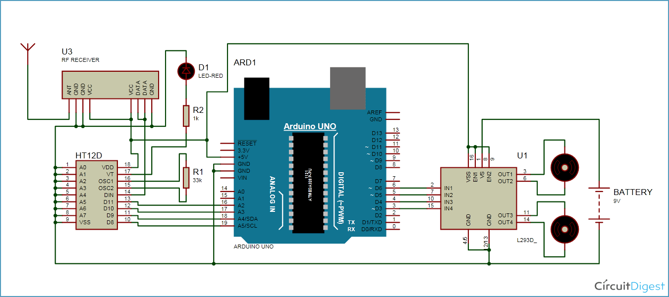 Gesture Controlled Robot Circuit Diagram using Arduino