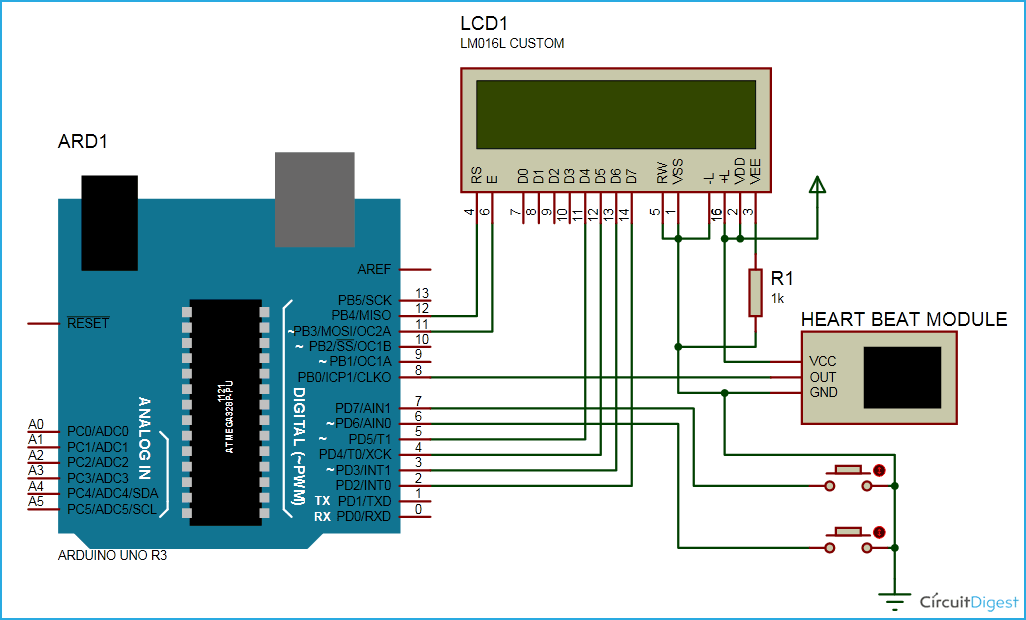 Arduino Based Heartbeat Counter Circuit Diagram