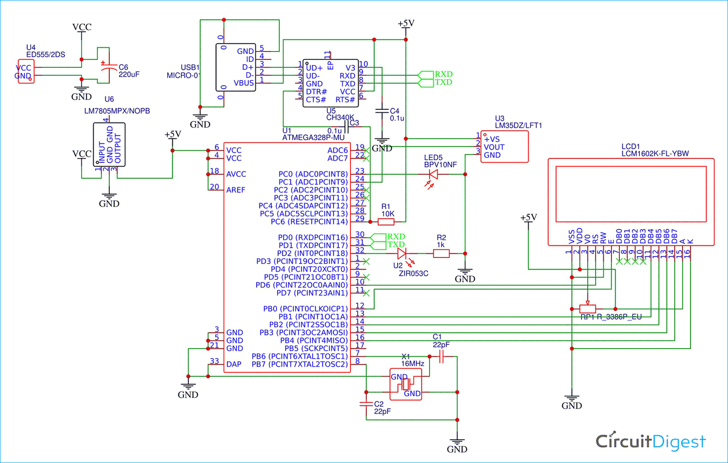 Health Monitoring System using ATmega328 Microcontroller Circuit Diagram