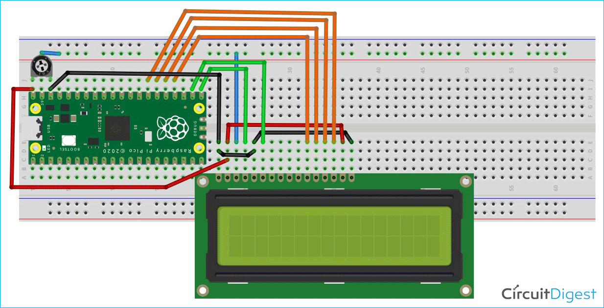 Interfacing LCD with Raspberry Pi Pico Circuit Diagram