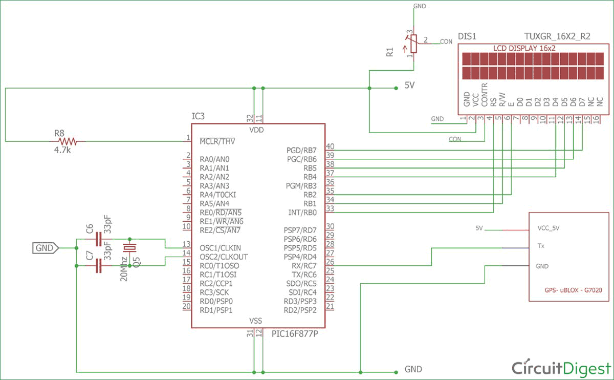 Interfacing Circuit Diagram GPS Module with PIC Microcontroller