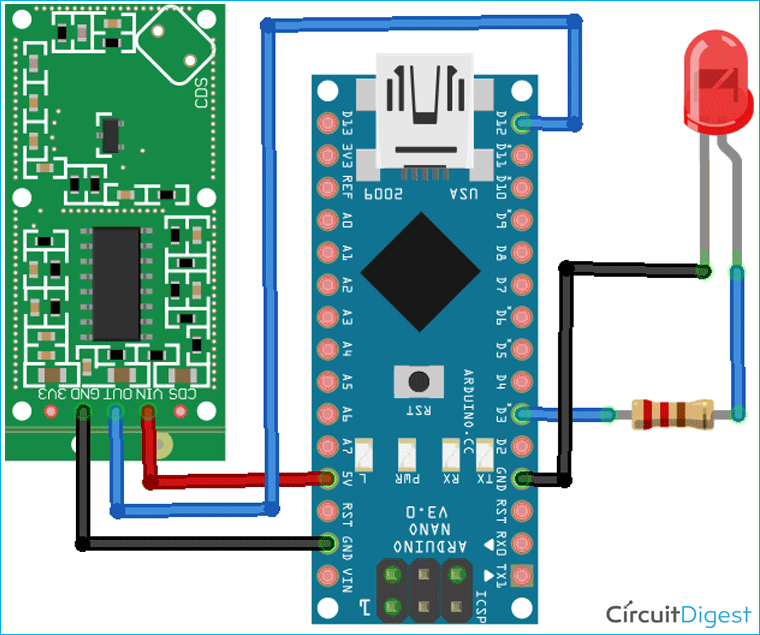 interfacing RCWL-0516 with Arduino Circuit Diagram