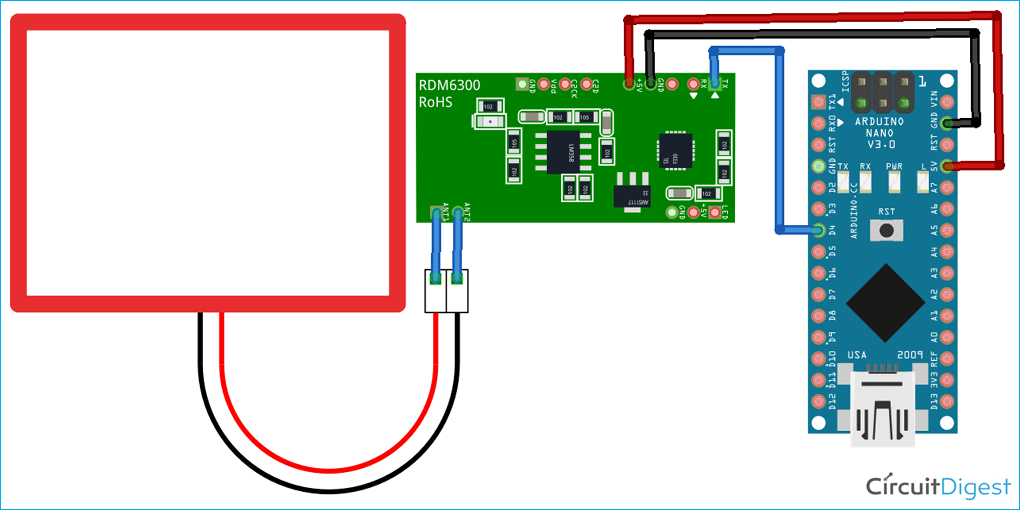 Interfacing RDM6300 with Arduino Circuit Diagram