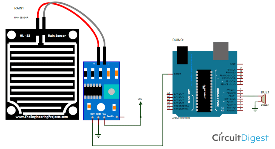 Inerfacing Rain Sensor with Arduino Circuit Diagram
