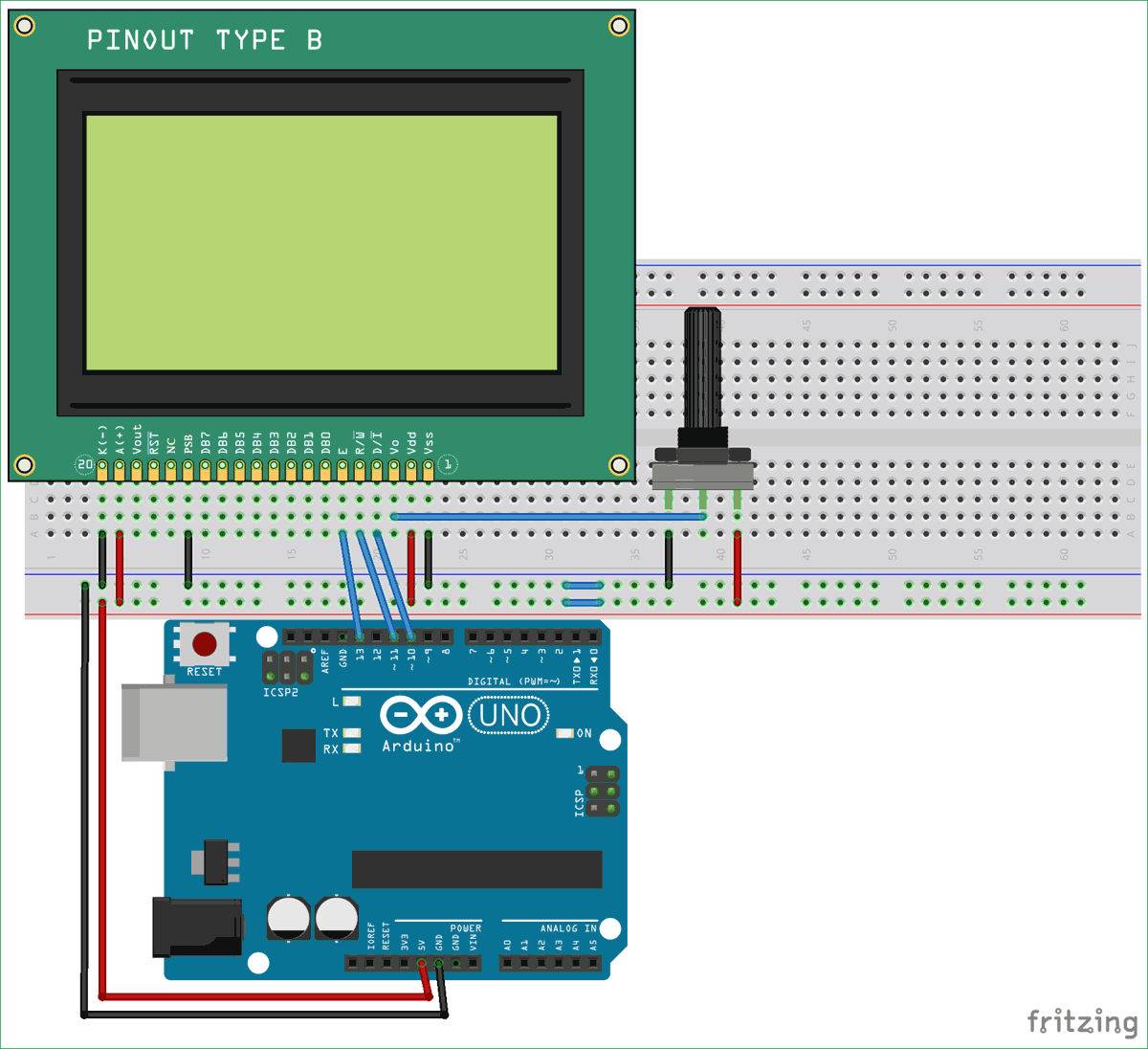 Interfacing circuit diagram of Graphical LCD with Arduino