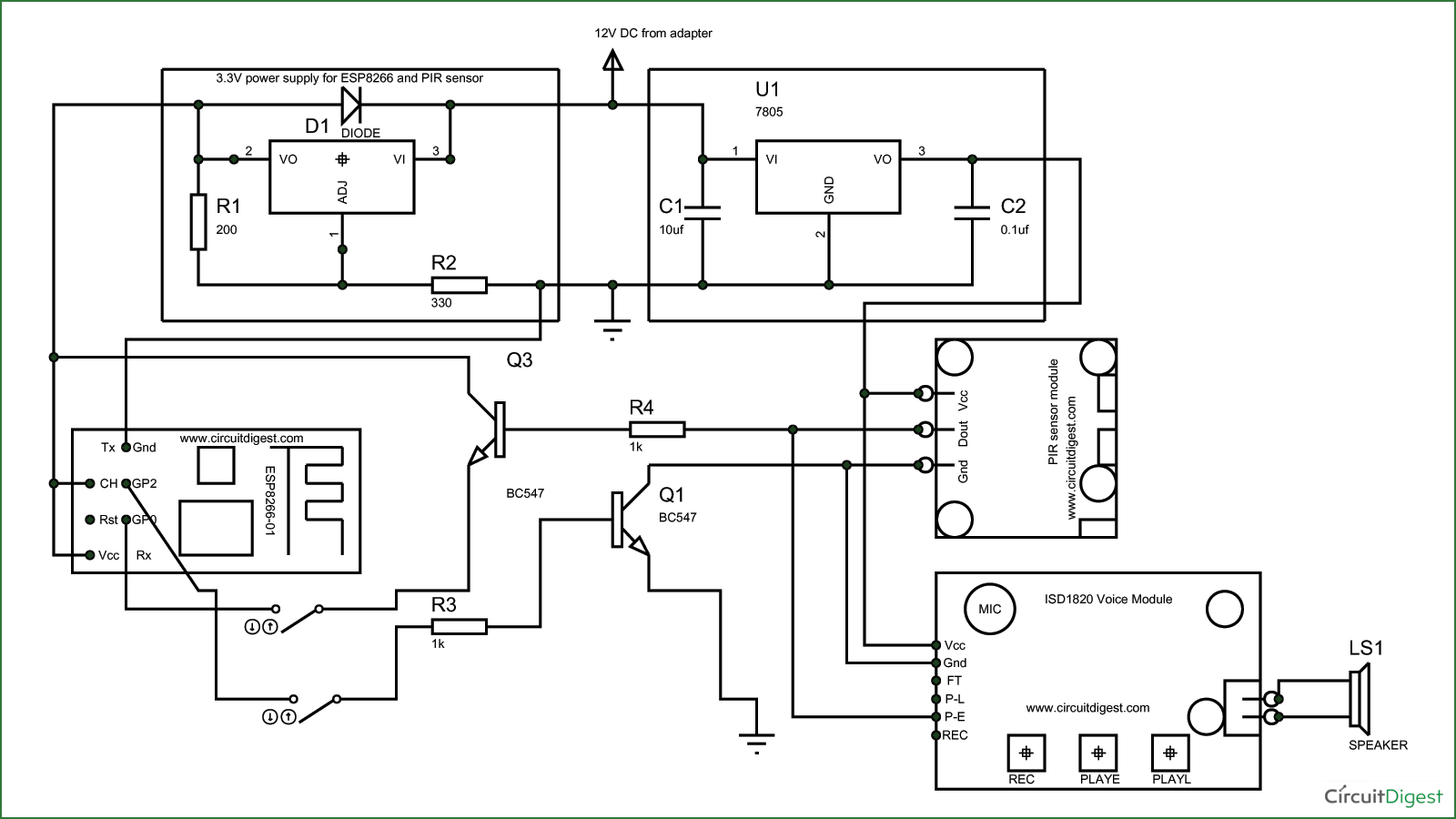 Circuit Diagram for ESP8266 Security System Project
