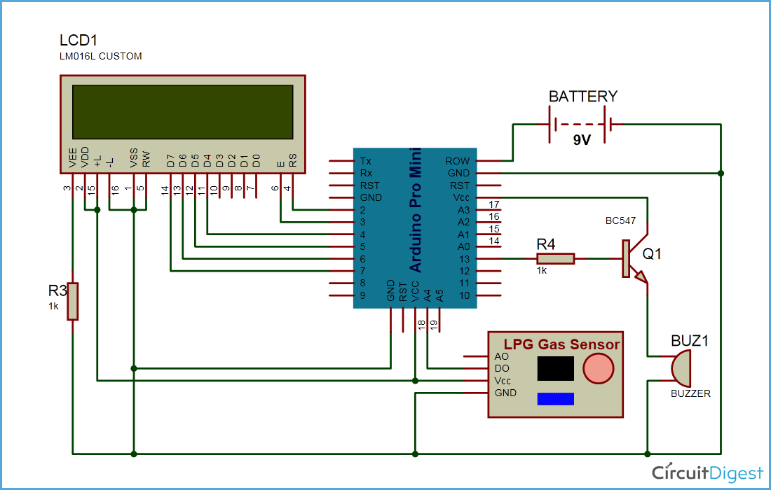 Arduino Based LPG Gas Detector Circuit Diagram