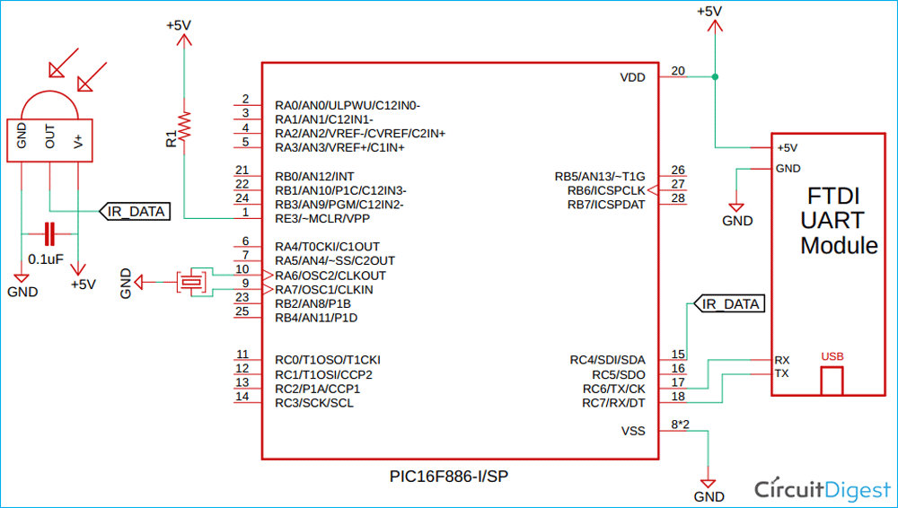 PIC Microcontroller Based IR Decoder Circuit Diagram