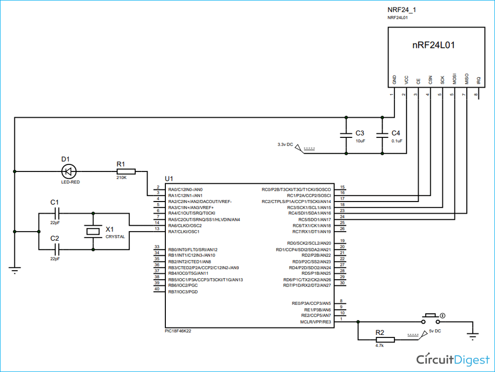 nRF24L01 With PIC18F46K22 Microcontroller Schematic