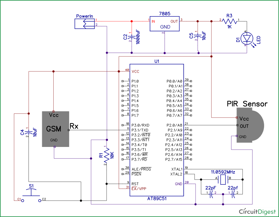 Circuit Diagram for PIR Sensor and GSM Based Home Security System