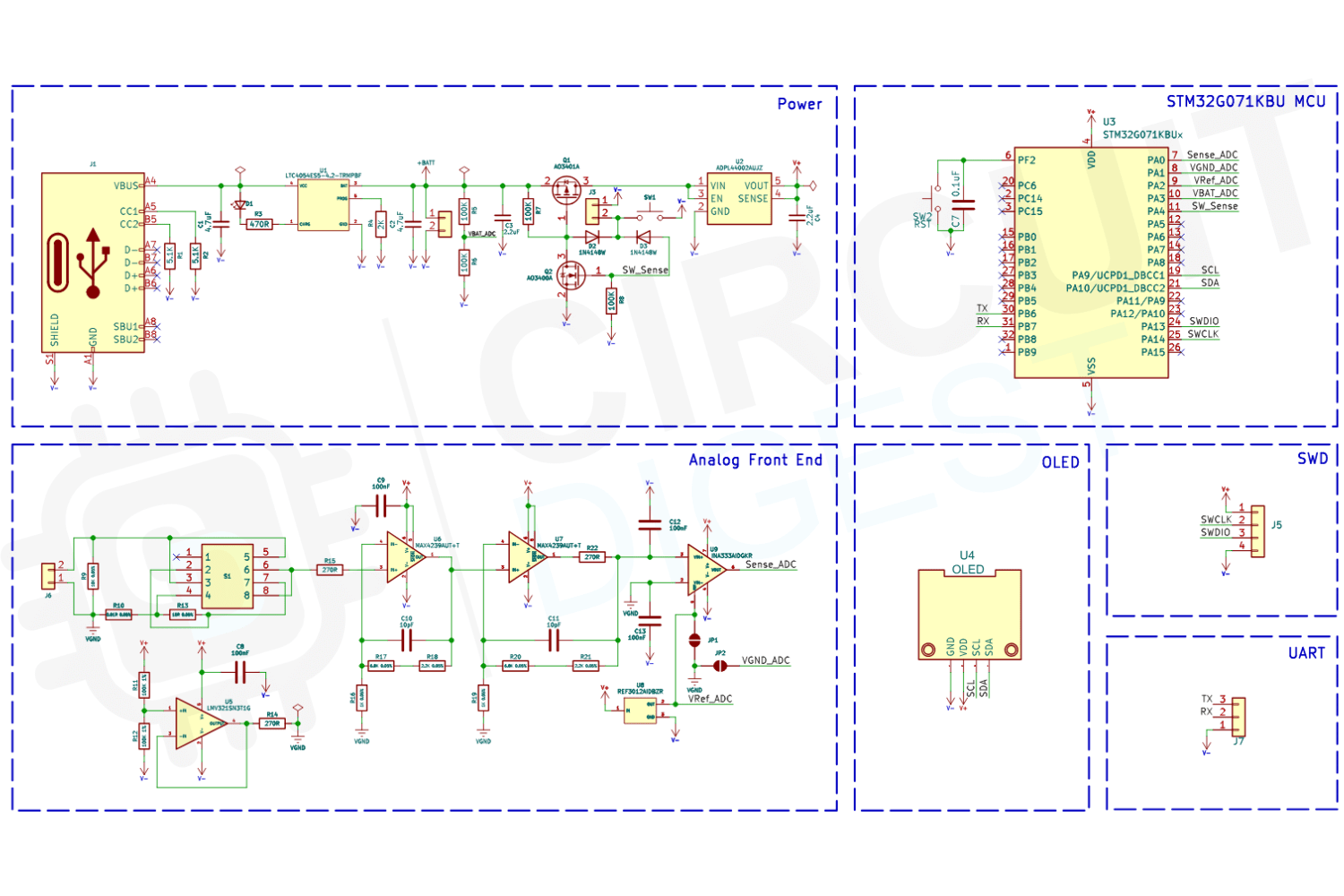 Complete schematic diagram of precision digital micro current meter showing STM32 microcontroller, MAX4239 amplifier, INA333 instrumentation amplifier, and power management circuit
