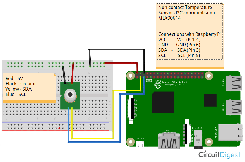 Raspberry Pi contactless body temperature monitoring with MLX90614 Circuit diagram
