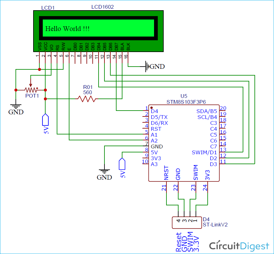 Interface LCD with STM8 Microcontroller Circuit Diagram