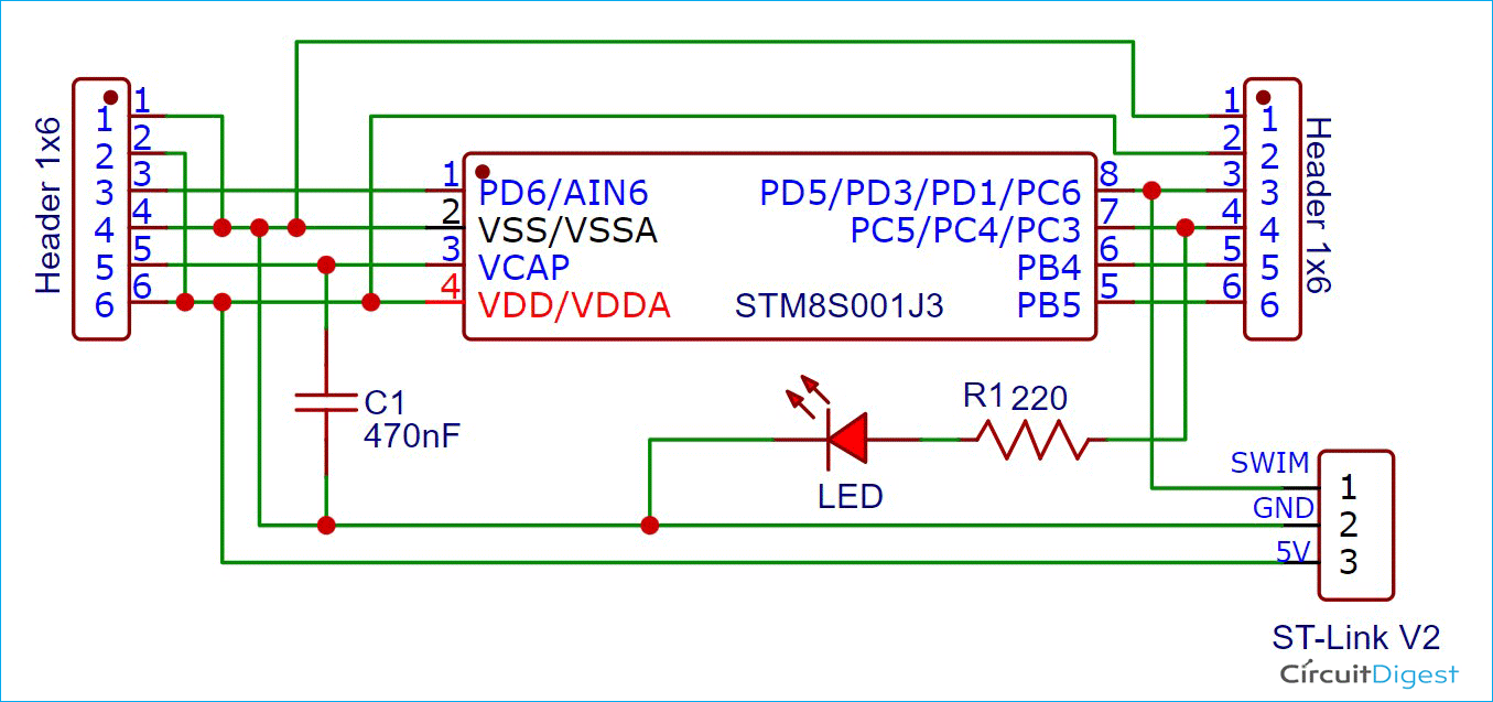 STM8S001J3 with LED Circuit Diagram