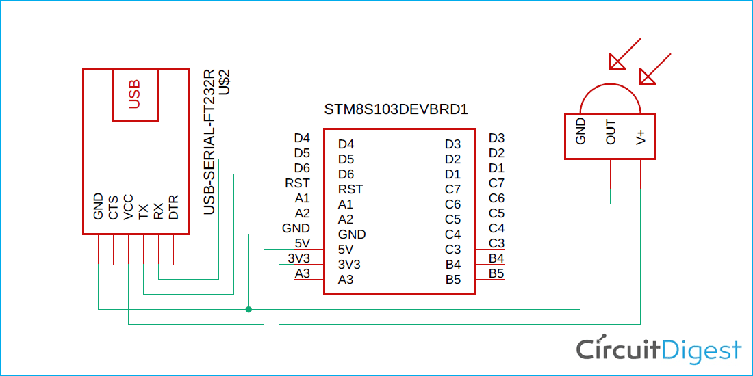 STM8S103 based IR Signal Decoder Circuit Diagram