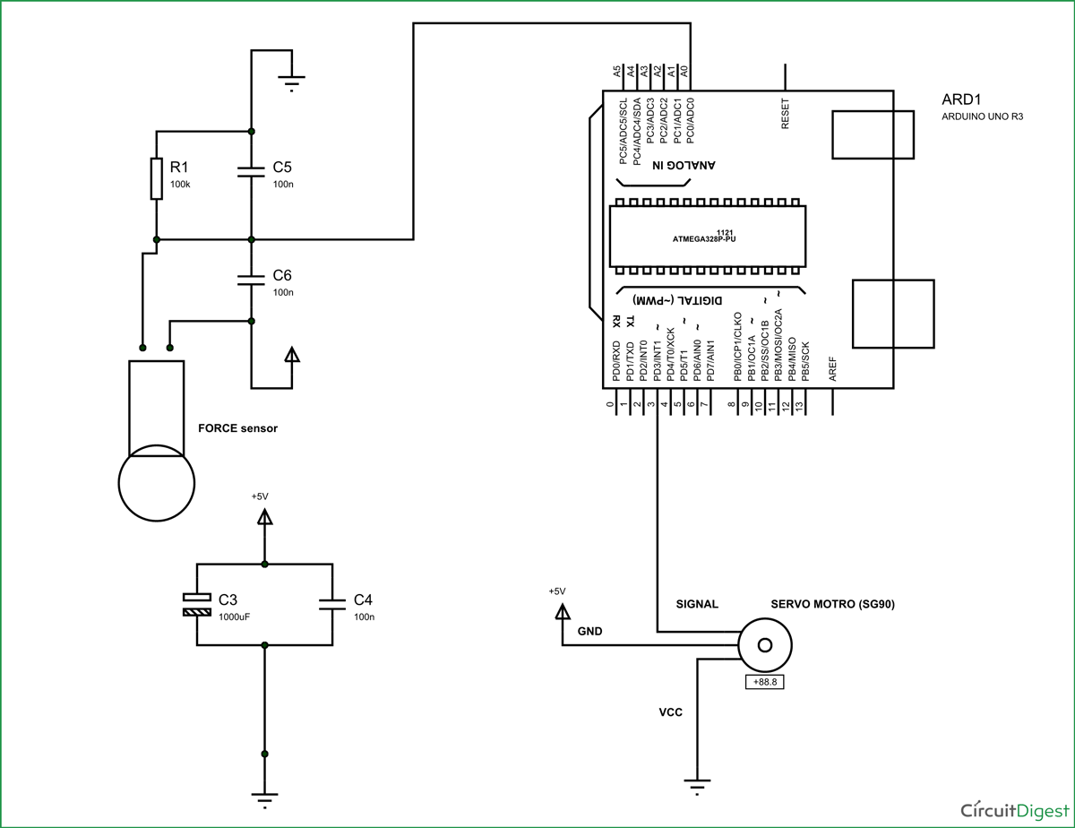 Circuit Diagram for Arduino Servo Motor Control by Weight (Force Sensor)