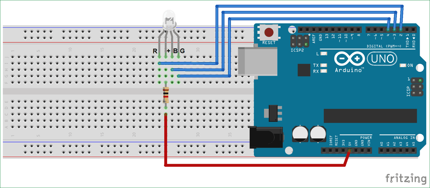 Single RGB LED interfacing circuit diagram with Arduino Uno