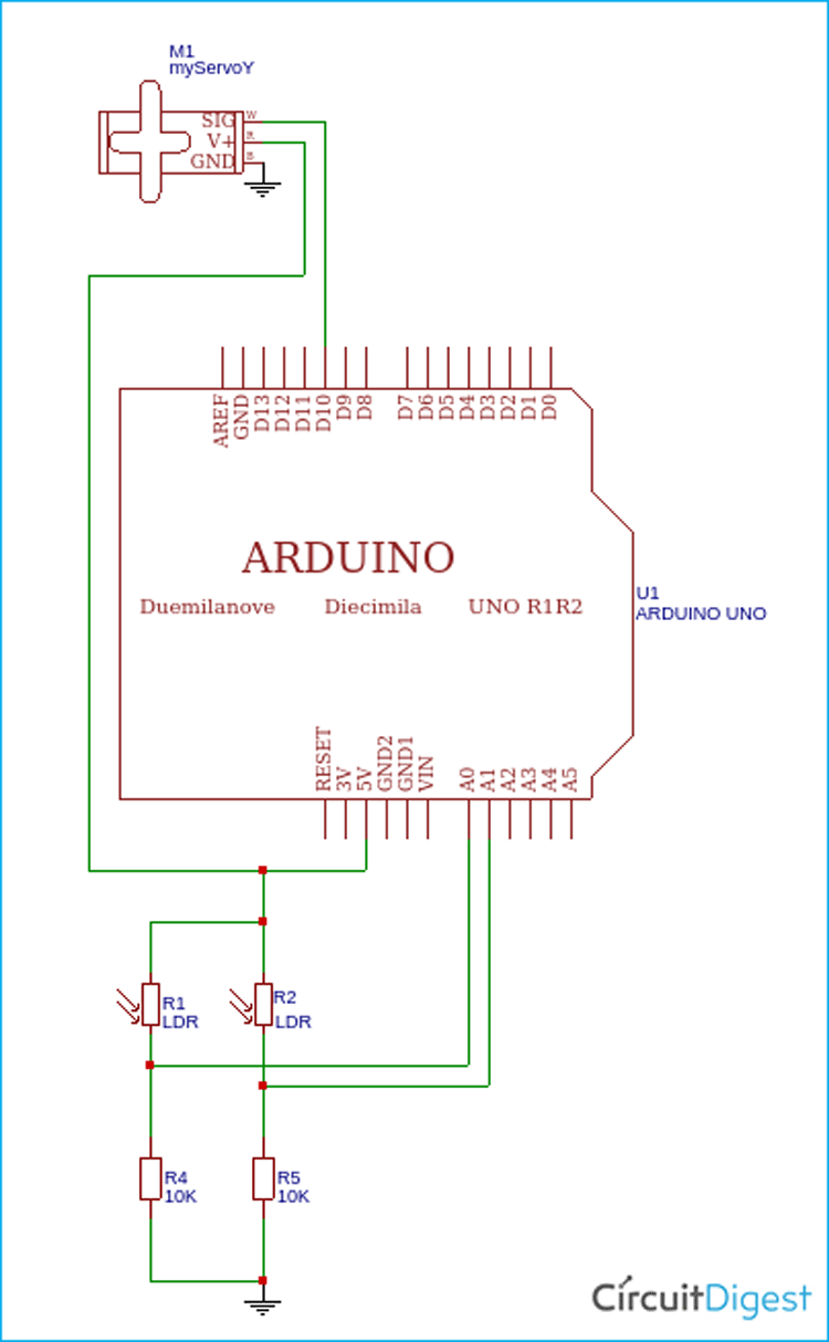 Arduino based Sun Tracking Solar Panel Circuit Diagram
