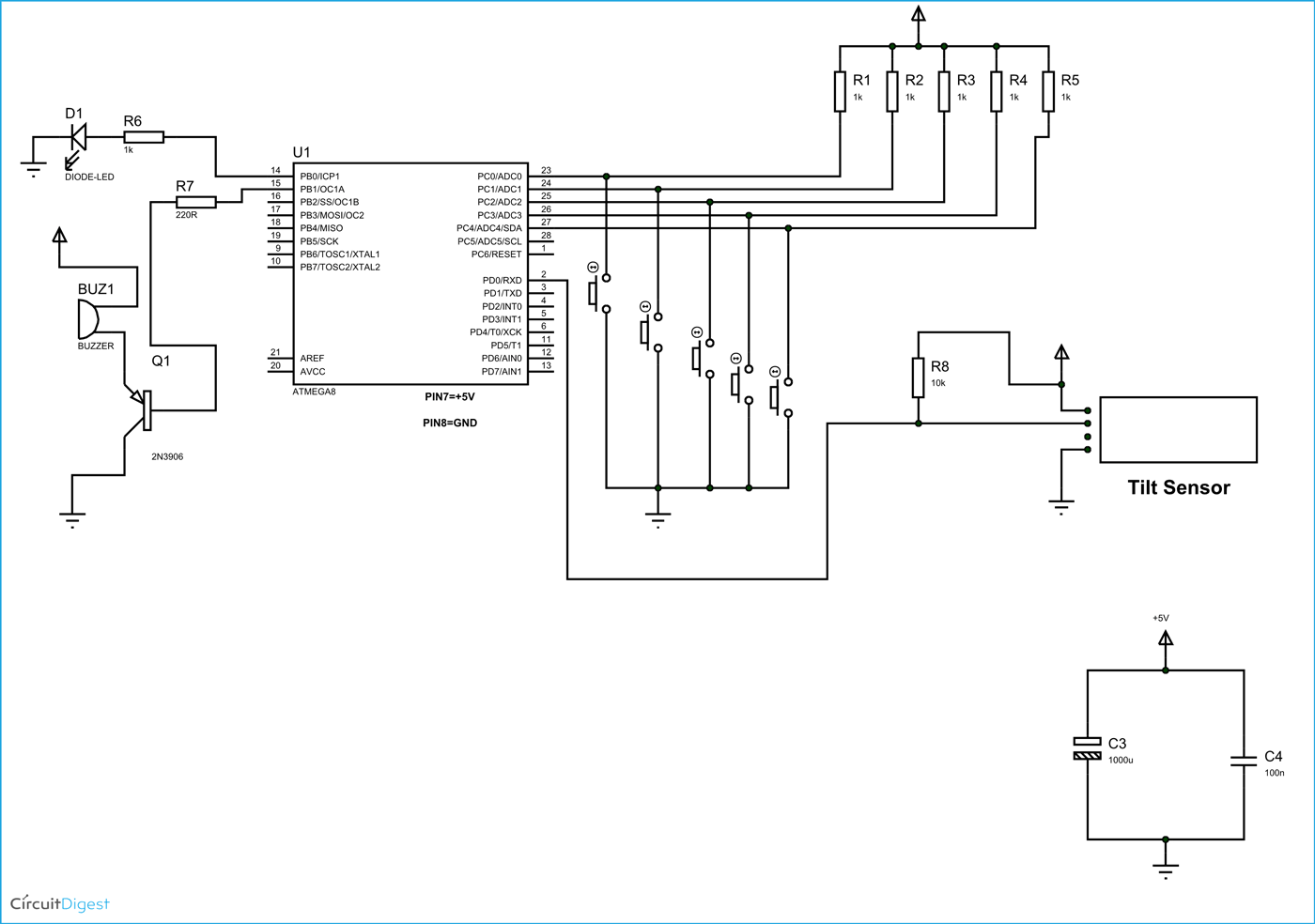 AVR Microcontroller and Tilt Sensor Based Theft Alert System Circuit Diagram