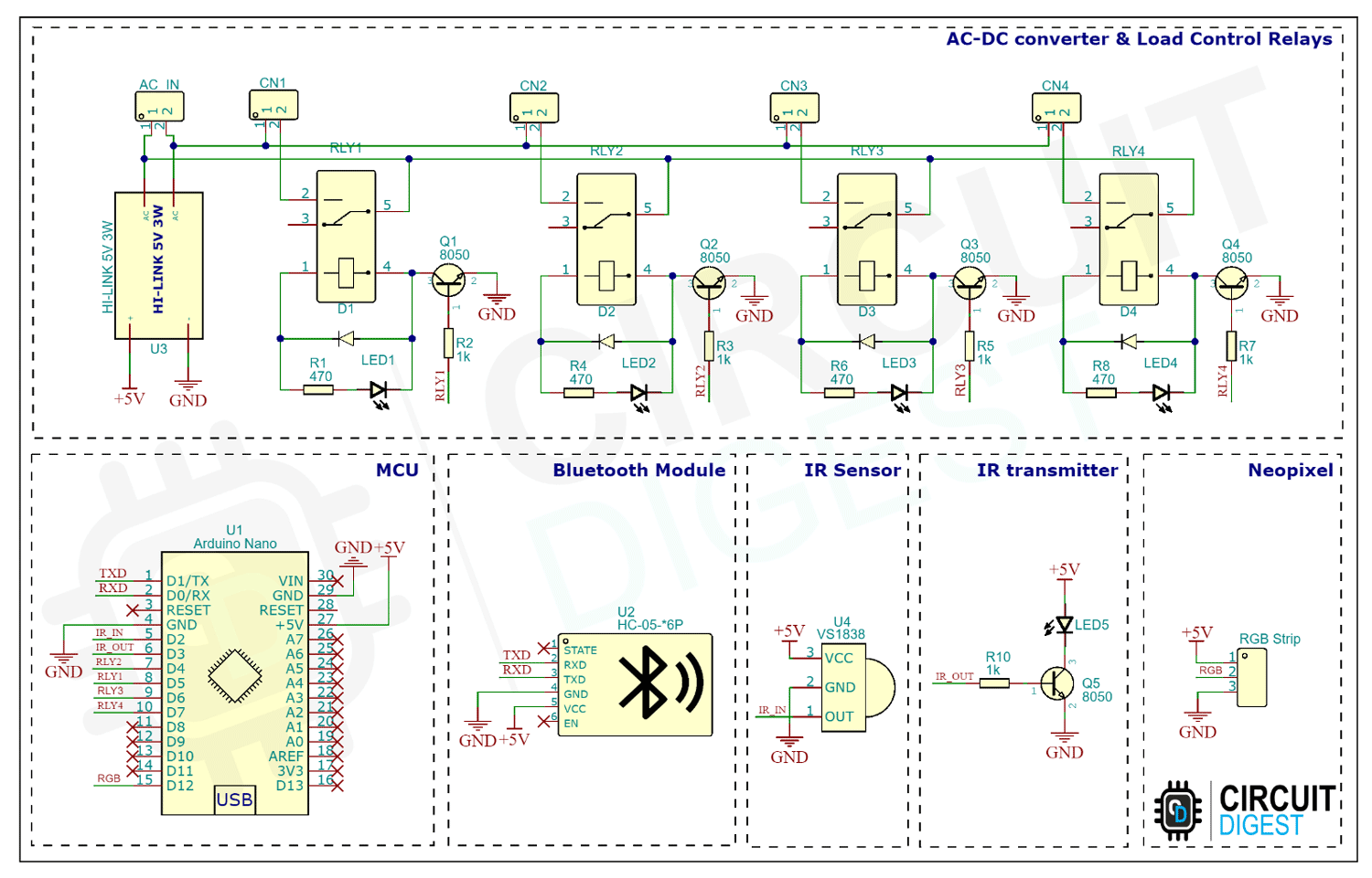 Voice Controlled Home Automation Using Arduino - Circuit Diagram