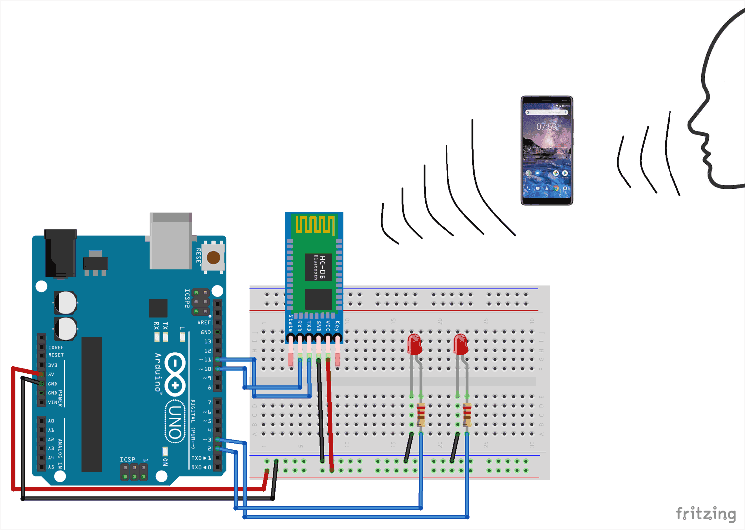 Voice Controlled LEDs Circuit diagram using Arduino and Bluetooth