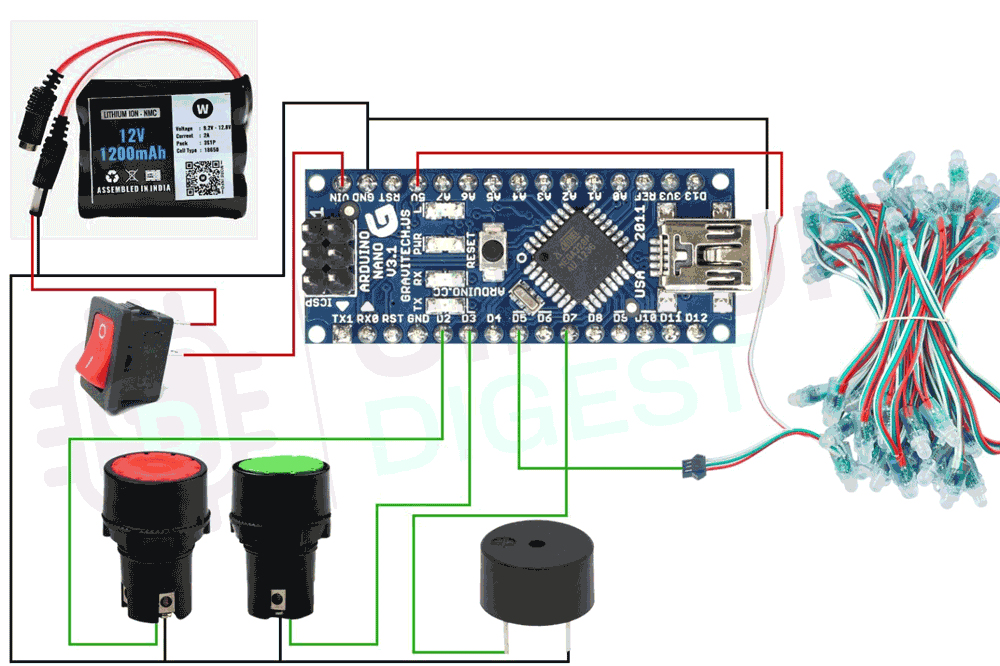 Circuit Diagram - Interfacing WS8211 LED Strip with Arduino Nano